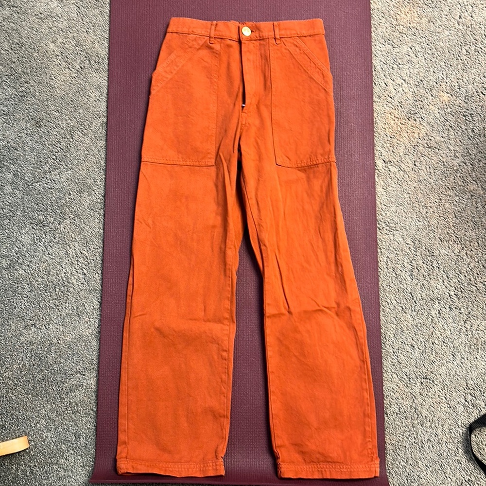 Big bud press, organic work pants in burnt terra-cotta.